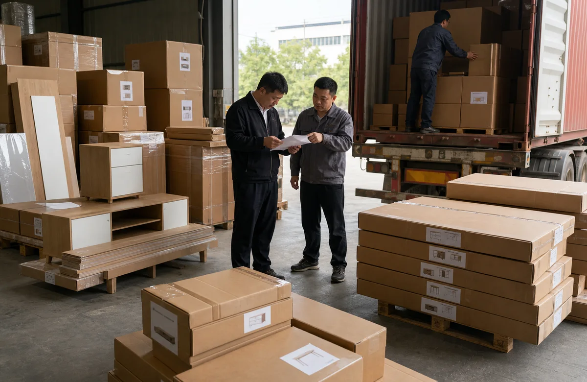 Mixed furniture cartons prepared for export coordination