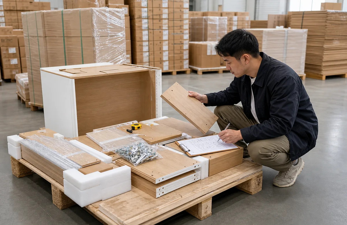 Furniture parts and packaging details checked before shipment planning