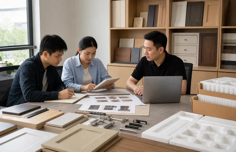 Furniture sourcing team reviewing cabinet samples, finishes, and buyer category list details