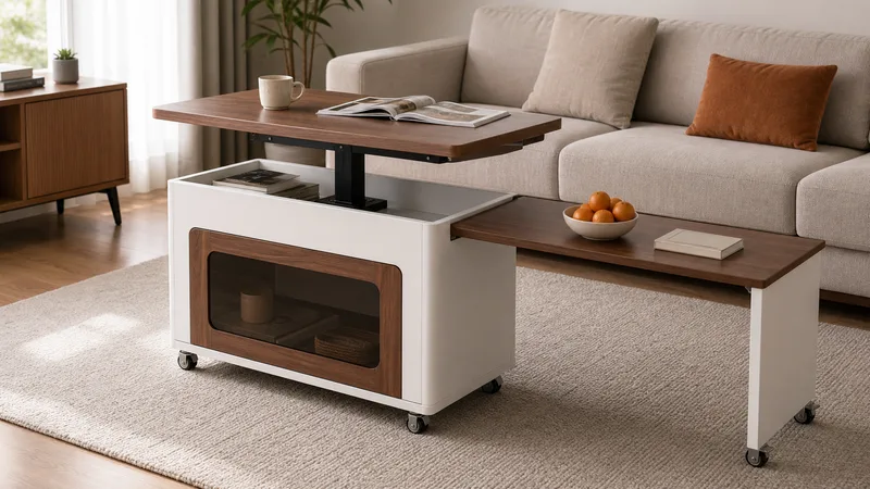 Adjustable storage coffee table with raised tabletop slide-out extension and caster cabinet body