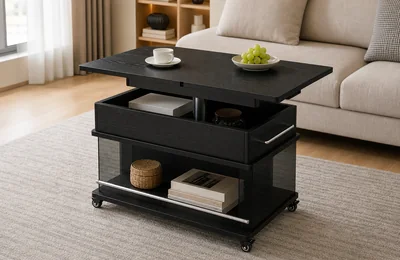 Black Storage Coffee Table with Glass Side Panels for Modern Living Room Sourcing
