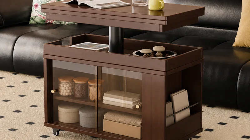 Compact expandable coffee table with raised tabletop glass front storage and caster base