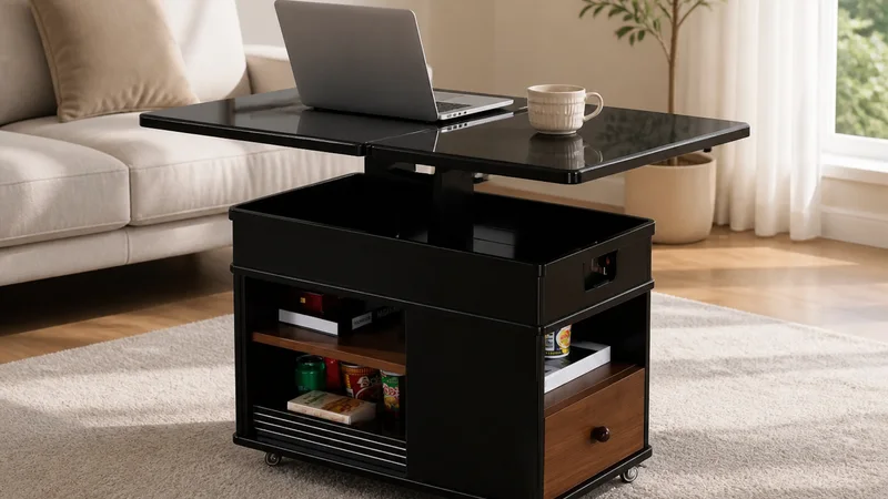Compact black storage coffee table with expanded raised tabletop, open shelf, wood-tone side drawer, and caster base