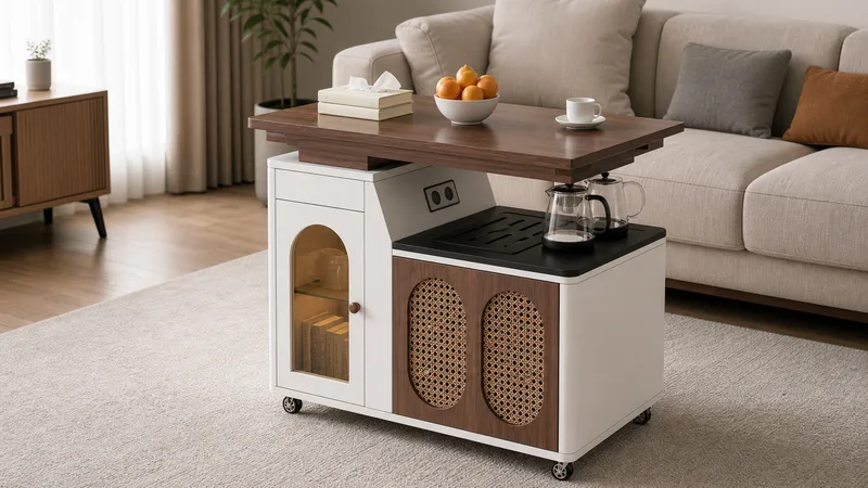 ENF board lift top coffee table with walnut tabletop woven panels glass side door and caster wheels