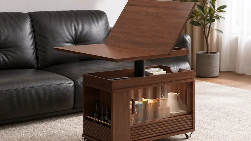 Walnut folding lift top coffee table with an expanded worktop configuration beside a living room sofa