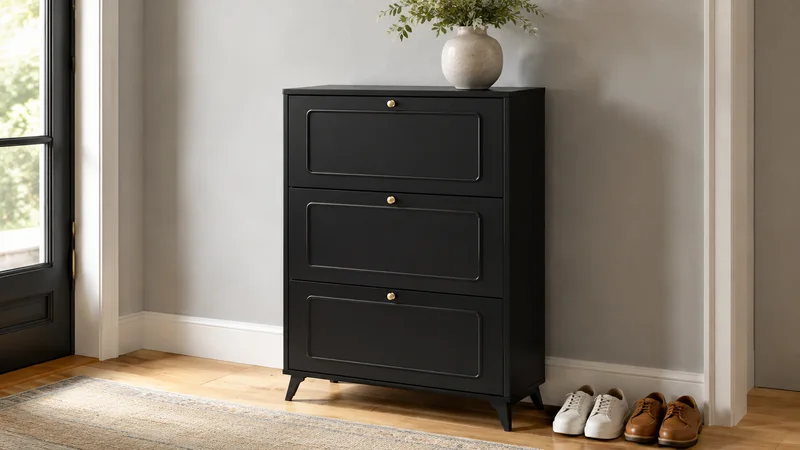 French black three-flip shoe cabinet showing the slim side direction in a light entryway