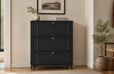French Black Three-Flip Shoe Cabinet for Dark Entryway Range Planning