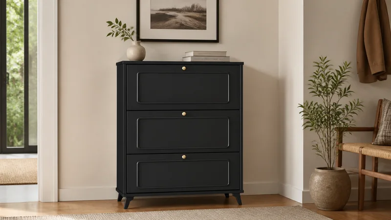 French Black Three-Flip Shoe Cabinet for Dark Entryway Range Planning