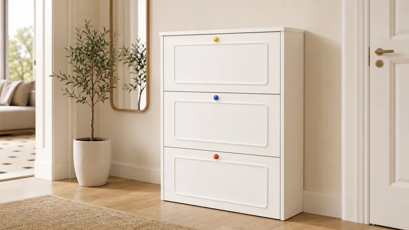 French white three-flip shoe cabinet with decorative panels and color-accent knobs in an apartment entryway