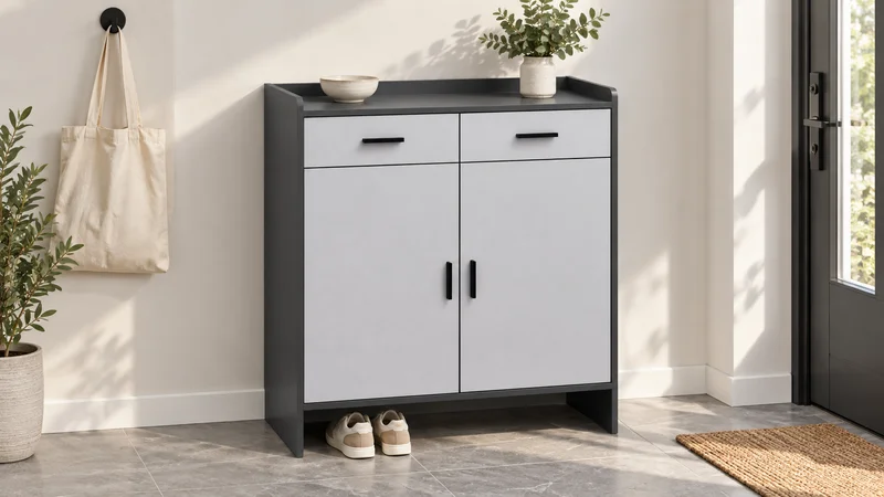 Two-tone grey shoe cabinet showing two upper drawers, two doors and open bottom space