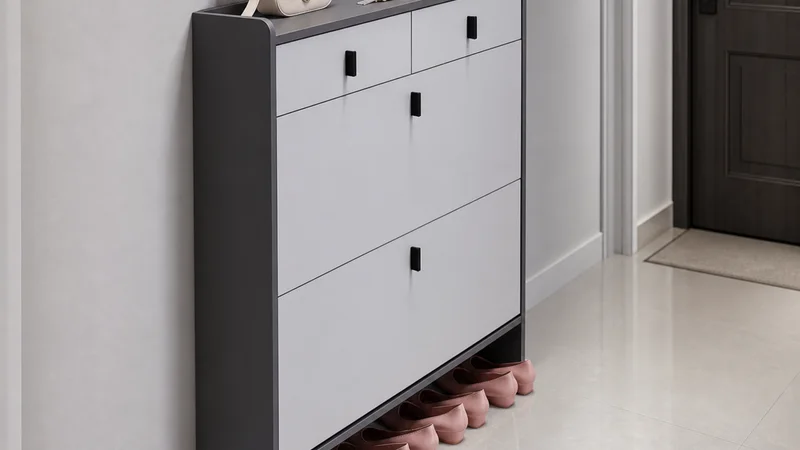 Grey two-flip shoe cabinet with a low-profile hallway storage layout and arrival items on top
