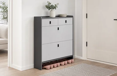 Grey Two-Flip Shoe Cabinet with Drawer for Low-Profile Entryway Planning