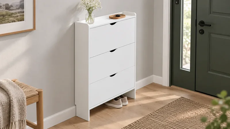 White three-flip shoe cabinet with recessed finger pulls in a daylight apartment hallway