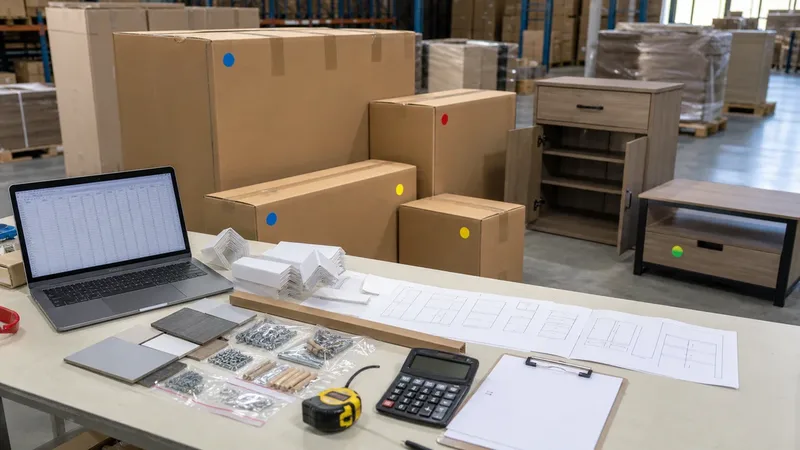 Carton dimensions, hardware samples, material swatches, and mixed furniture loading data under review