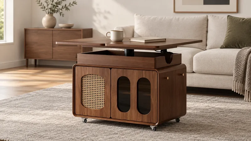 Walnut mobile height-adjustable storage coffee table with raised tabletop in an apartment living room