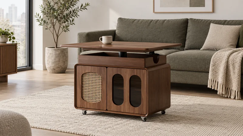 Walnut lift-top storage coffee table with cane panel, oval windows and caster wheels