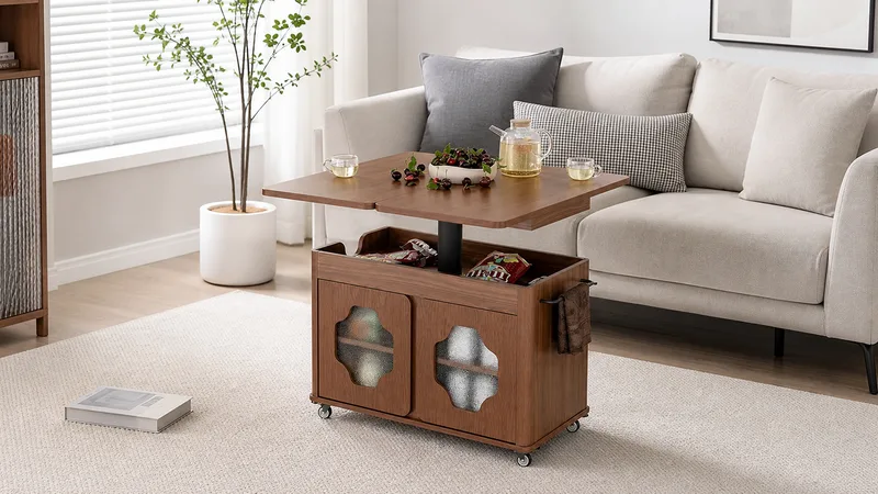 Walnut mobile lift top coffee table with folding tabletop wings, storage cabinet, glass doors and caster wheels