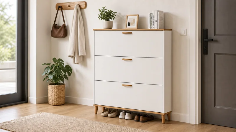 Nordic two-tone flip door shoe cabinet in a compact entryway scene