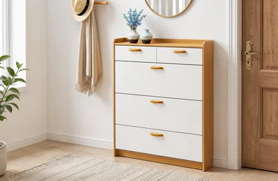 Oak and White Drawer Shoe Cabinet for Entryway SKU Planning