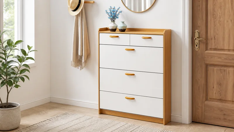 Oak and white shoe cabinet with two upper drawers and three curved-handle flip-front shoe sections in an apartment entryway