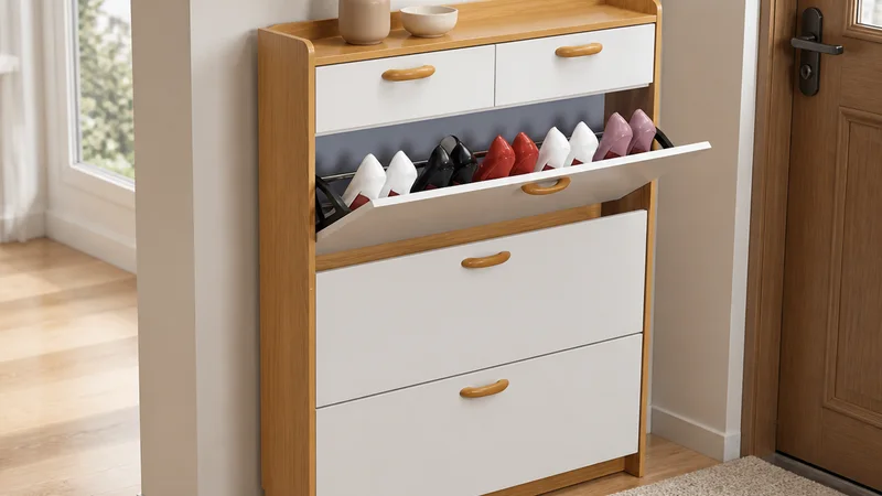 Oak and white shoe cabinet with two upper drawers and one open flip-front shoe section