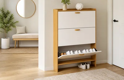 Oak and White Three-Flip Shoe Cabinet for Daily Entryway Range Planning