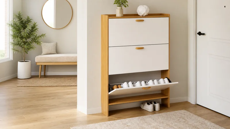 Oak and white three-flip shoe cabinet with an open lower shoe shelf in an apartment entryway