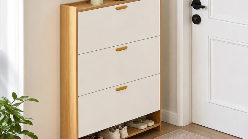 Oak and white three-flip shoe cabinet with slim side profile and lower open shoe shelf