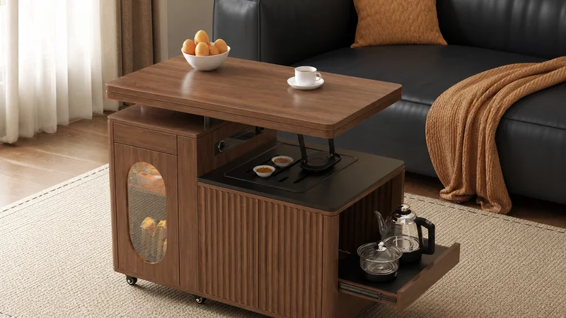 Walnut mobile lift top coffee table with raised tabletop, black service surface and caster base beside a sofa