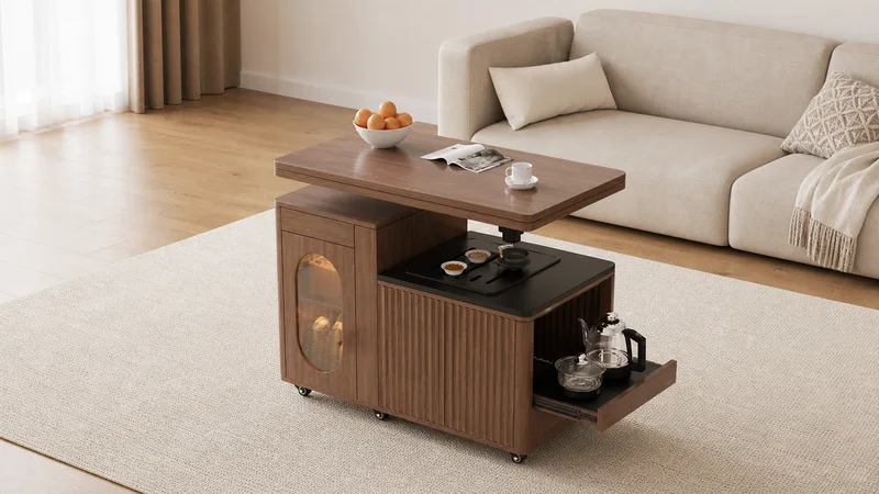 Walnut mobile lift top coffee table with fluted front, rounded glass side door and pull-out tray in a living room