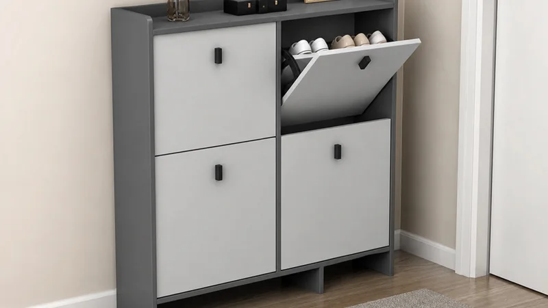 Slim grey four-door shoe cabinet with two-tone front and narrow hallway profile