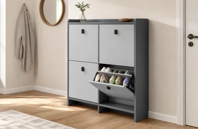 Slim Grey Four-Door Shoe Cabinet for Narrow Entryway Range Planning