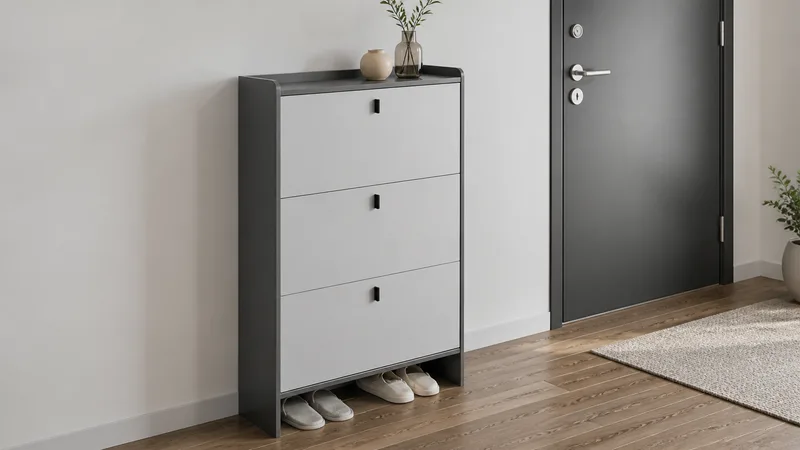 Slim grey two-tone three-flip shoe cabinet in a compact corridor with shallow-depth entryway storage