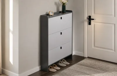Slim Grey Three-Flip Shoe Cabinet for Entryway Depth Range Planning