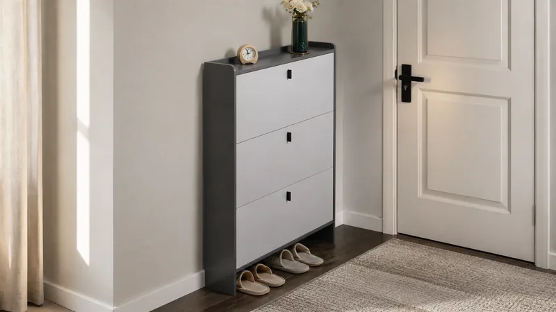 Slim grey two-tone three-flip shoe cabinet with three black pulls and open base shoe space in an apartment entryway