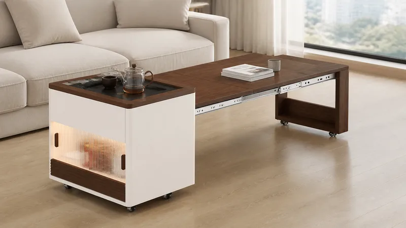 White and walnut expandable coffee table with a long pull-out tabletop leaf and wheeled cabinet structure beside a sofa