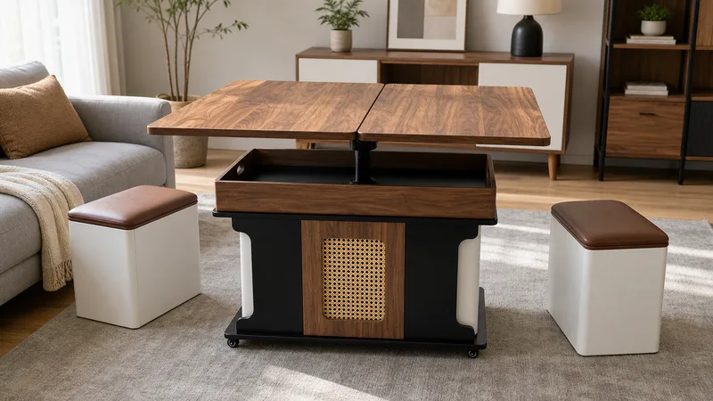Tall lift top coffee table with raised split tabletop woven front panel and caster base