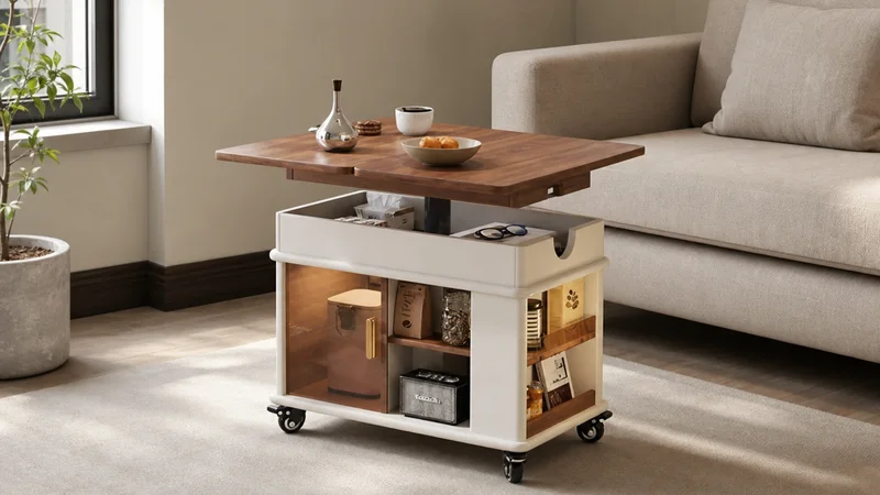 White and walnut expandable mobile coffee table showing compact storage cabinet and caster wheels