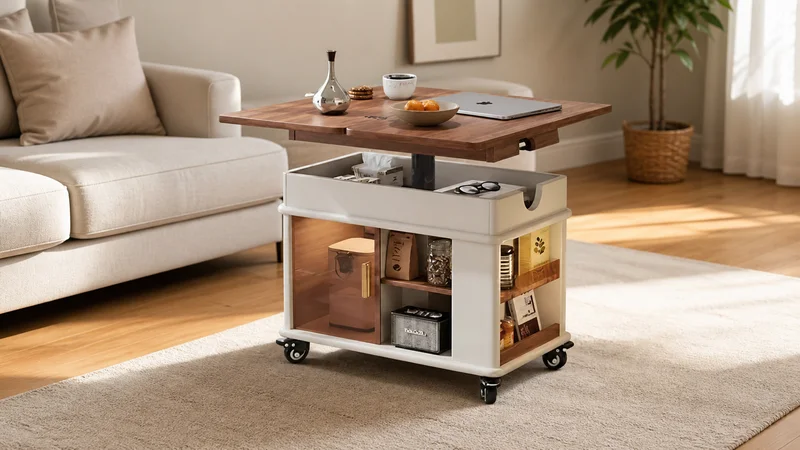 White and walnut expandable mobile coffee table with raised tabletop, glass cabinet door and caster base in a living room