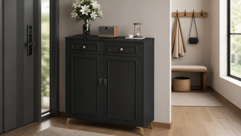 Vintage black two-door shoe cabinet with upper drawers and brass hardware in an apartment entryway