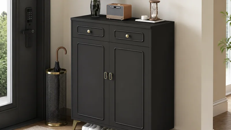 Vintage black two-door shoe cabinet showing the cabinet side profile in a bright foyer