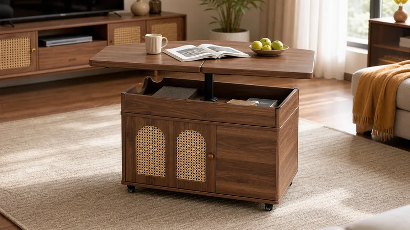 Walnut height adjustable coffee table with raised split tabletop rattan-style doors storage tray and caster base