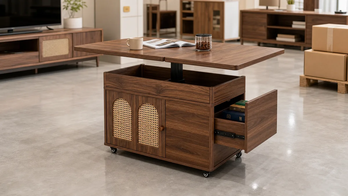 Walnut height adjustable coffee table displayed in a furniture showroom for coordinated mixed furniture sourcing