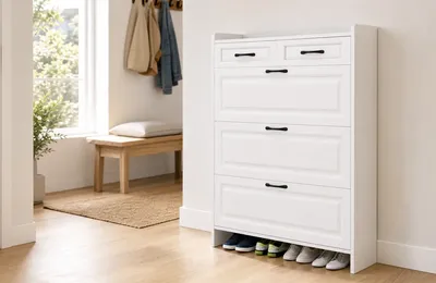 White Ribbed Shoe Cabinet with Drawers for Entryway Range Sourcing