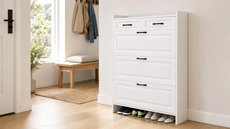 White ribbed-front shoe cabinet with drawers in a compact apartment entryway