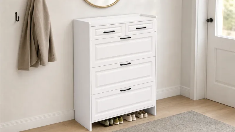 Tall white ribbed-front shoe cabinet with drawers and open lower shoe shelf in a foyer