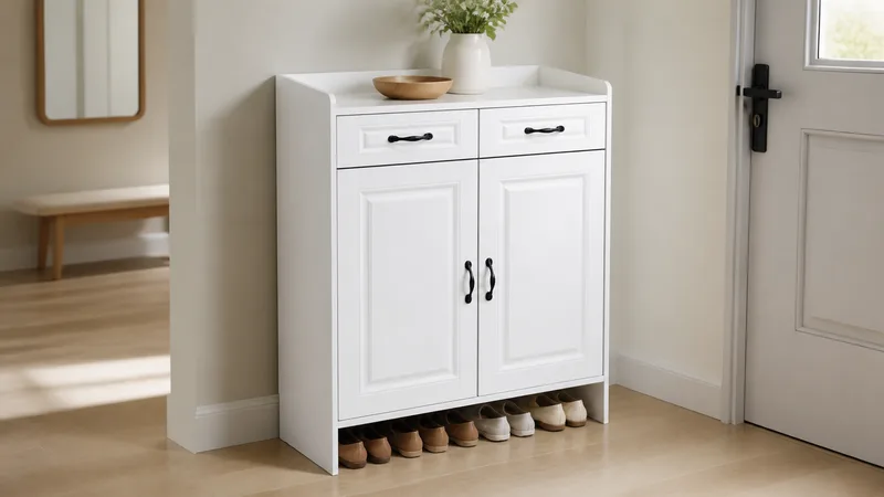 White two-door shoe cabinet with double drawers and a 34 cm cabinet body direction in a clean entryway corridor
