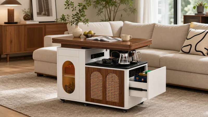 Wide lift top storage coffee table with raised walnut tabletop rattan-style doors side glass storage and caster base