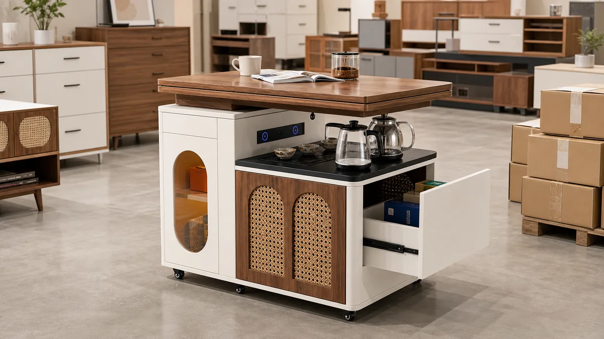 Wide lift top storage coffee table displayed for mixed furniture sourcing with cabinet furniture in the background
