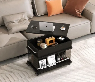 Black Storage Coffee Table with Glass Side Panels